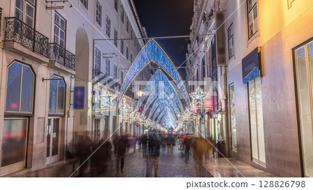 Night timelapse hyperlapse of Christmas lights and decorations in downtown Lisbon at Chiado Night timelapse hyperlapse of Christmas lights and decorations in downtown Lisbon at Chiado 128826798