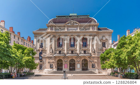 Timelapse hyperlapse of Theatre des Celestins in Lyon, France. A historic theatre on Place des Celestins 128826804