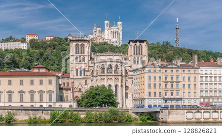 Hyperlapse of Saint John the Baptist Cathedral and Basilica of Notre-Dame de Fourviere in Lyon. France 128826821
