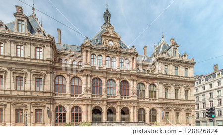 Hyperlapse of Palais de la Bourse or Palais du Commerce front view in the Les Cordeliers quarter, Lyon, France. 128826824