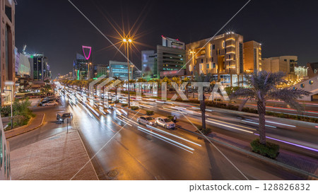 Cityscape aerial night timelapse of Riyadh, Saudi Arabia, King Fahd Road and busy traffic. 128826832