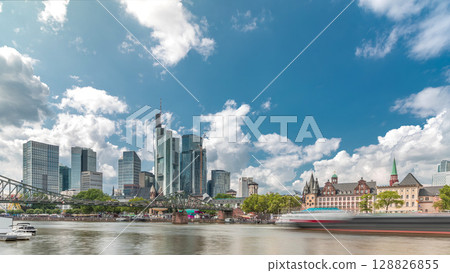 Hyperlapse of the historical Eiserner Steg or Iron Bridge over the Main River in Frankfurt, Germany 128826855