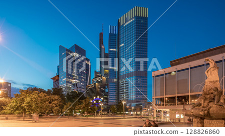 The Fairy-tale Fountain before the Central European Bank in Frankfurt from day to night timelapse hyperlapse The Fairy-tale Fountain before the Central European Bank in Frankfurt from day to night timelapse hyperlapse 128826860