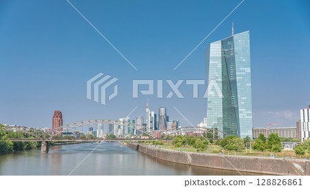 Hyperlapse of Frankfurt skyline featuring the modern ECB headquarters skyscraper. Frankfurt am Main, Germany 128826861