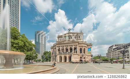 Hyperlapse of the Alte Oper or Old Opera house in Frankfurt, a concert hall in Opernplatz. Germany 128826862