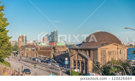 Aerial timelapse of Old Elbe Tunnel entrance and exit in Hamburg, Germany 128826884