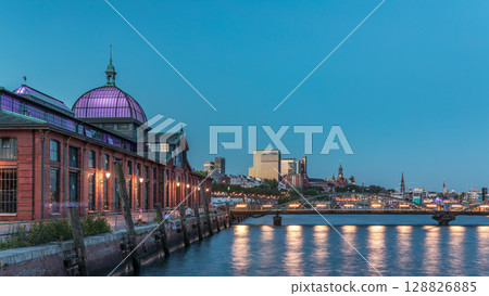 Hyperlapse of Altona Fish Market in Hamburg transition from day to night. Germany Hyperlapse of Altona Fish Market in Hamburg transition from day to night. Germany 128826885