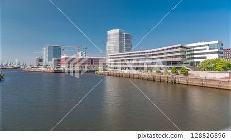 Timelapse of HafenCity University in Hamburg, Germany, showcasing modern architecture 128826896