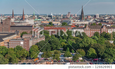 Aerial timelapse of Hamburg's historic city center skyline with iconic towers and spires. Germany Aerial timelapse of Hamburg's historic city center skyline with iconic towers and spires. Germany 128826901
