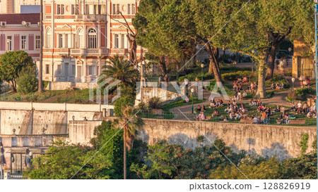 Jardim do Torel timelapse with views to the city center of Lisbon during sunset. Portugal 128826919