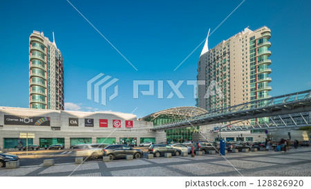 Vasco da Gama Shopping Center timelapse hyperlapse near Lisboa Oriente railway station. Lisbon, Portugal 128826920