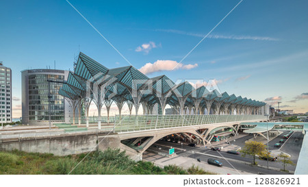 Lisbon Oriente Train and Bus Station aerial timelapse. Lisbon, Portugal Lisbon Oriente Train and Bus Station aerial timelapse. Lisbon, Portugal 128826921
