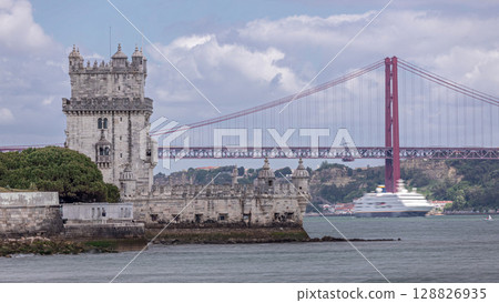 Cityscape with Torre de Belem or Belem Tower and red iconic 25 de Abril Bridge over Tagus river. Lisbon, Portugal. Cityscape with Torre de Belem or Belem Tower and red iconic 25 de Abril Bridge over Tagus river. Lisbon, Portugal. 128826935