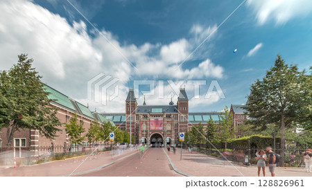 Hyperlapse of the Rijksmuseum, a famous tourist attraction in Museum Square, Amsterdam. Netherlands 128826961