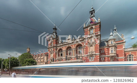 Hyperlapse of the International Theater Amsterdam with people walking on Leidseplein. Netherlands 128826962