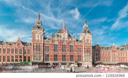 Hyperlapse of Amsterdam Central Railway Station front view. Amsterdam, The Netherlands Hyperlapse of Amsterdam Central Railway Station front view. Amsterdam, The Netherlands 128826966