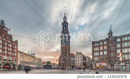 Munttoren tower and flowers market. Panoramic timelapse hyperlapse of Amsterdam city center. Netherlands Munttoren tower and flowers market. Panoramic timelapse hyperlapse of Amsterdam city center. Netherlands 128826976