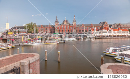 Timelapse of Amsterdam Central Railway Station front view. Amsterdam, The Netherlands 128826980