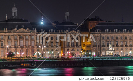 Place de la Bourse and the fountains at night timelapse in Bordeaux, France. 128826986