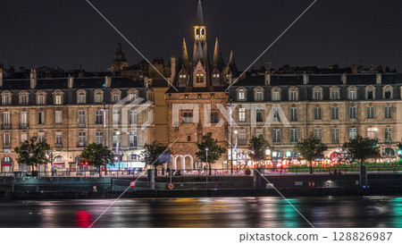 Historic Porte Cailhau timelapse in Bordeaux, France, with its medieval architecture and spires 128826987