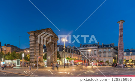 Porte d'Aquitaine arch and obelisk at Place de la Victoire day to night timelapse hyperlapse in Bordeaux, France. Porte d'Aquitaine arch and obelisk at Place de la Victoire day to night timelapse hyperlapse in Bordeaux, France. 128826996