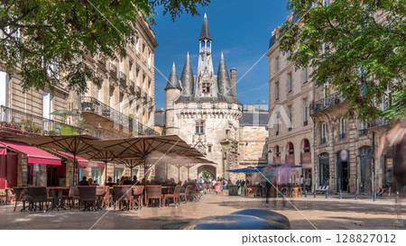Historic Porte Cailhau timelapse in Bordeaux, France, with its medieval architecture and spires 128827012