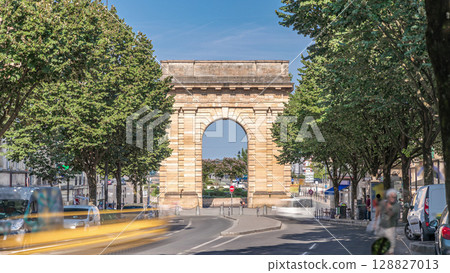 Porte de Bourgogne timelapse, historic medieval gate in Bordeaux, France. 128827013