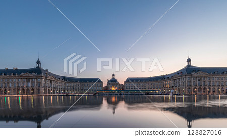 Place de la Bourse and Miroir d'eau day to night timelapse in Bordeaux, France Place de la Bourse and Miroir d'eau day to night timelapse in Bordeaux, France 128827016