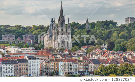 Aerial view of Notre Dame de Laeken church spires timelapse in Brussels, Belgium. Aerial view of Notre Dame de Laeken church spires timelapse in Brussels, Belgium. 128827024