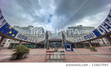Timelapse of the European Parliament headquarters in Brussels, Belgium. 128827043