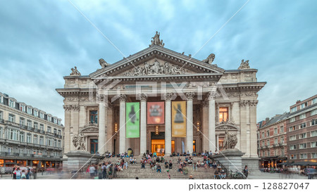 Hyperlapse of the Brussels Stock Exchange facade near Grand Place. Belgium Hyperlapse of the Brussels Stock Exchange facade near Grand Place. Belgium 128827047