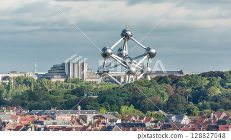 Aerial view of city skyline timelapse with the Atomium in Brussels, Belgium. 128827048