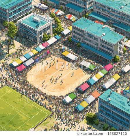 學校運動會的鳥瞰圖，人們擠滿校園並歡呼 128827110