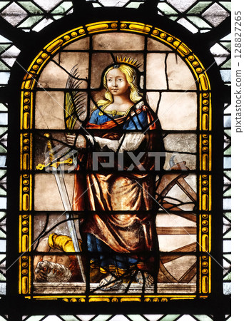 Saint Catherine of Alexandria, stained glass window in the Saint Sulpice Church, Paris, France Saint Catherine of Alexandria, stained glass window in the Saint Sulpice Church, Paris, France 128827265