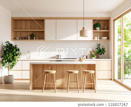明亮開放的現代廚房,充滿木質的溫暖 明亮開放的現代廚房,充滿木質的溫暖 128827267