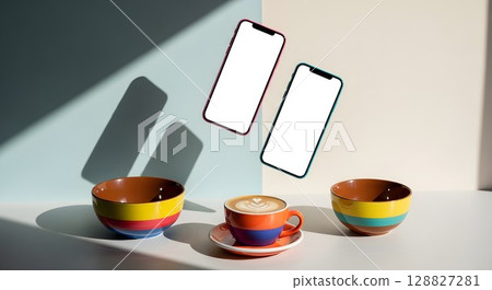 Two mobile phones with blank screens floating above a coffee cup and two bowls, mock up for app advertisement. 128827281