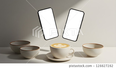 Two mobile phones with blank screens floating above a coffee cup and two bowls, mock up for app advertisement. 128827282