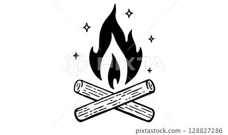 Fire, flame, bonfire. Flame fire icon, abstract style on white background. Flat burn fire symbol, bonfire sign, flame campfire emoji. Camping fireball minimal graphic style. Vector Illustration 128827286