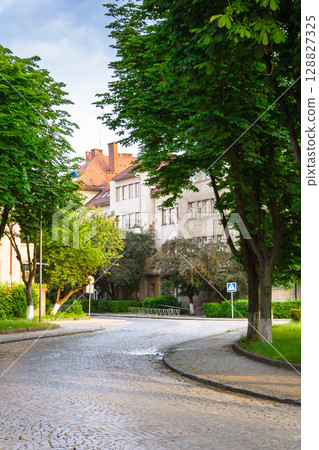 uzhhorod, ukraine - jun 03 2012: cobbled street of old town in summer. winding path through park near narodna square in morning light 128827325