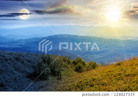 mountain landscape in summer. day and night time change concept. beautiful view of rolling green hills and alpine meadows with sun and moon. scenery with clouds on sky. scenic nature background mountain landscape in summer. day and night time change concept. beautiful view of rolling green hills and alpine meadows with sun and moon. scenery with clouds on sky. scenic nature background 128827335
