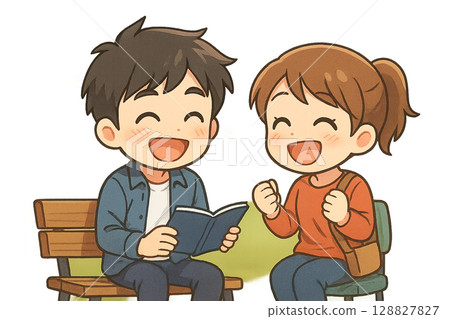 Illustration of mini character college students laughing on campus (transparent background) 128827827