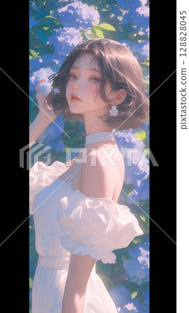 穿著洋裝的女子，背景是繡球花 128828045