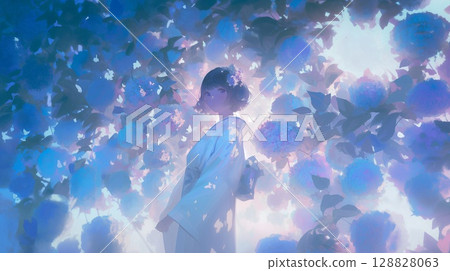 一位身著和服的女子站在繡球花叢中 128828063