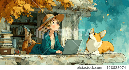 Young woman in cozy autumn setting works on laptop beside corgi, surrounded by books and vibrant fall foliage Young woman in cozy autumn setting works on laptop beside corgi, surrounded by books and vibrant fall foliage 128828074