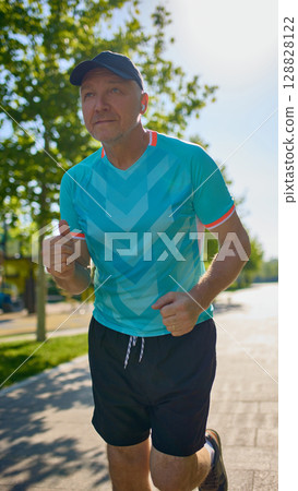 Close-up of older man jogging in blue sportswear with focused expression 128828122
