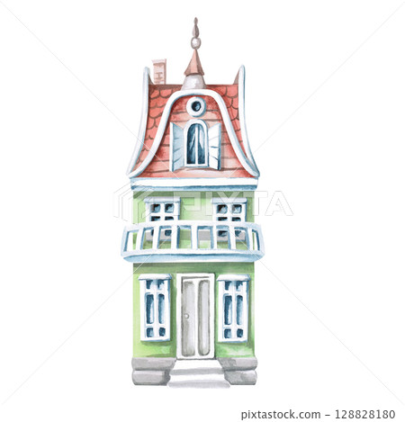 Two-storey green city house with balcony. Isolated watercolor illustration for apartment interior design, cozy restaurant, brochures of architectural bureau, real estate, hotel business. 128828180