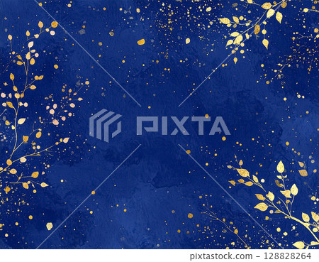 Japanese paper texture image material: leaves and branches, blue and gold leaf 128828264