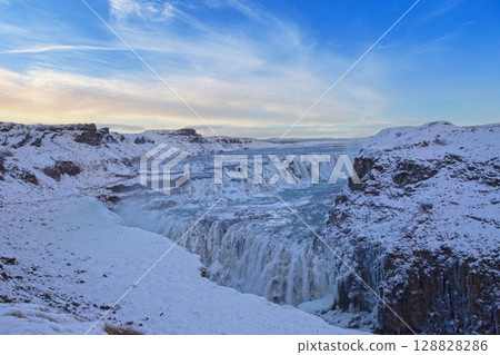 Gullfoss waterfall in Iceland during icy winter 128828286