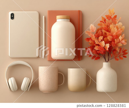Aesthetic flat lay of beige and orange items including tablet, notebook, bottle, headphones, mugs, and vase with autumn leaves Aesthetic flat lay of beige and orange items including tablet, notebook, bottle, headphones, mugs, and vase with autumn leaves 128828381