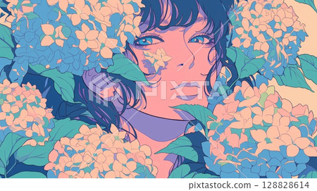 A girl smiling and standing against the background of hydrangeas and hydrangea flowers 128828614
